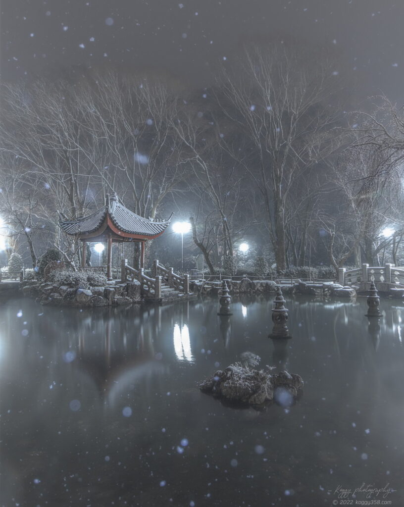 岐阜公園の日中友好庭園で冬に雪が降る夜景を撮影