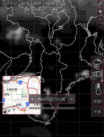 2019年4月7日の奈良県の又兵衛桜周辺の雲(SCWの天気予報図)