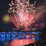 岡崎城下家康公夏まつり花火大会を乙川河川敷（桟敷席の東側）で撮影