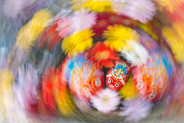 三重県の金井神社のブリキ金魚が浮かぶ花手水の手水舎を回転流し撮り