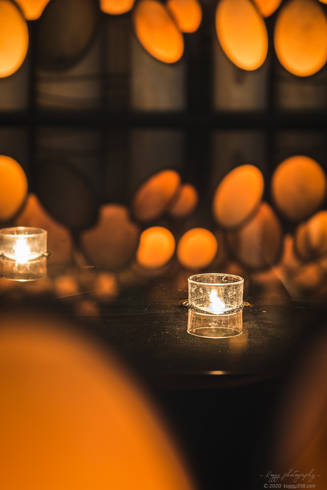 安城デンパークの仲秋のあかり祭りで竹灯りとキャンドルのリフレクションを撮影