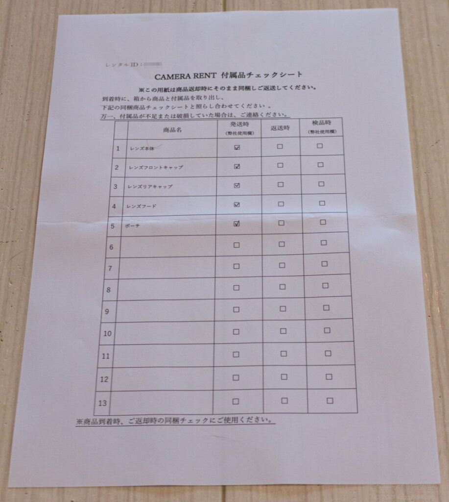 撮影機材レンタルのサブスクリプションサービス「カメラレント【CAMERA RENT】」の同封されている同梱の機材などの用紙