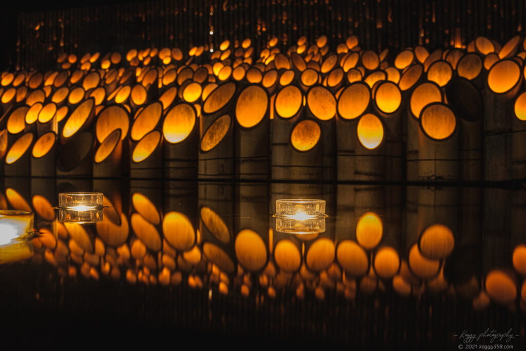 安城デンパークの仲秋のあかり祭りで竹灯りのリフレクションを撮影