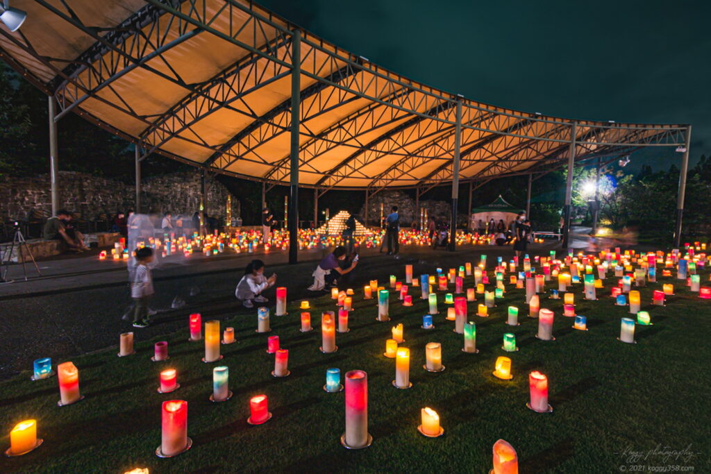 安城デンパーク 仲秋のあかり祭りで花木園のキャンドルのライトアップ夜景を撮影