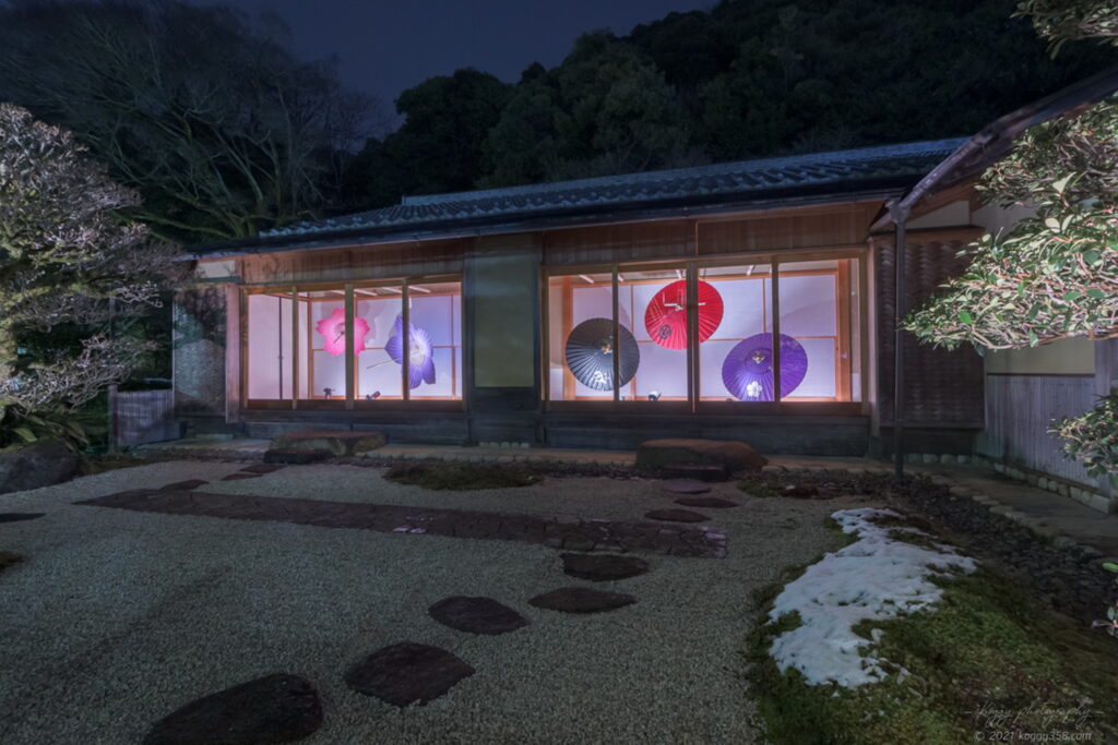 岐阜公園で開催されたぎふ灯り物語 ～アート＆ヒストリー～の和傘などのライトアップの夜景を撮影