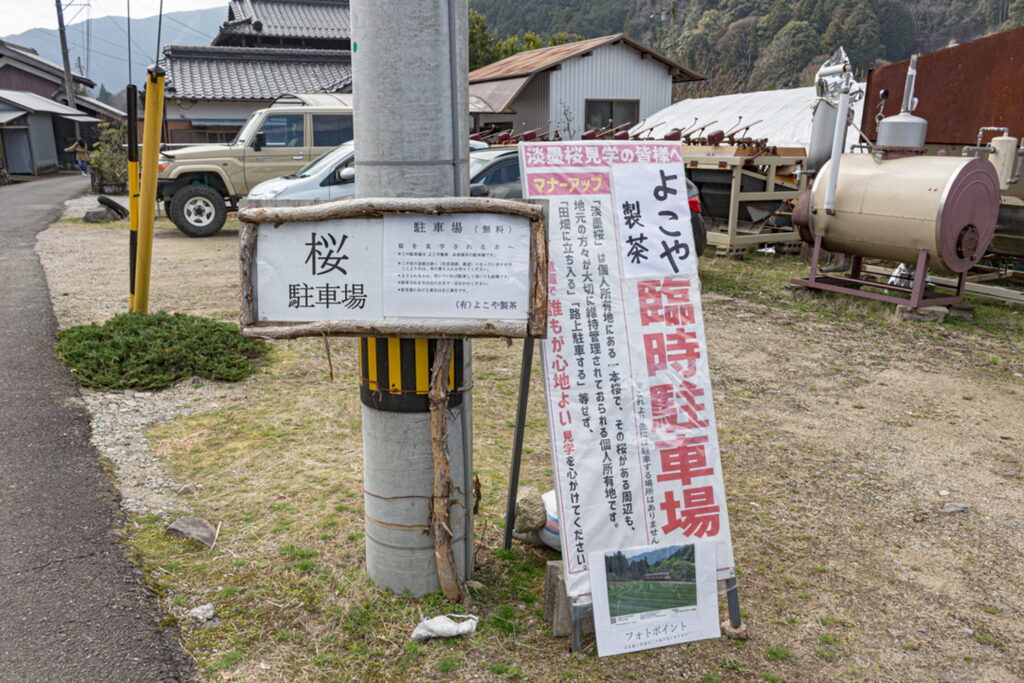 竹原の薄墨桜の駐車場(よこや製茶)の雰囲気