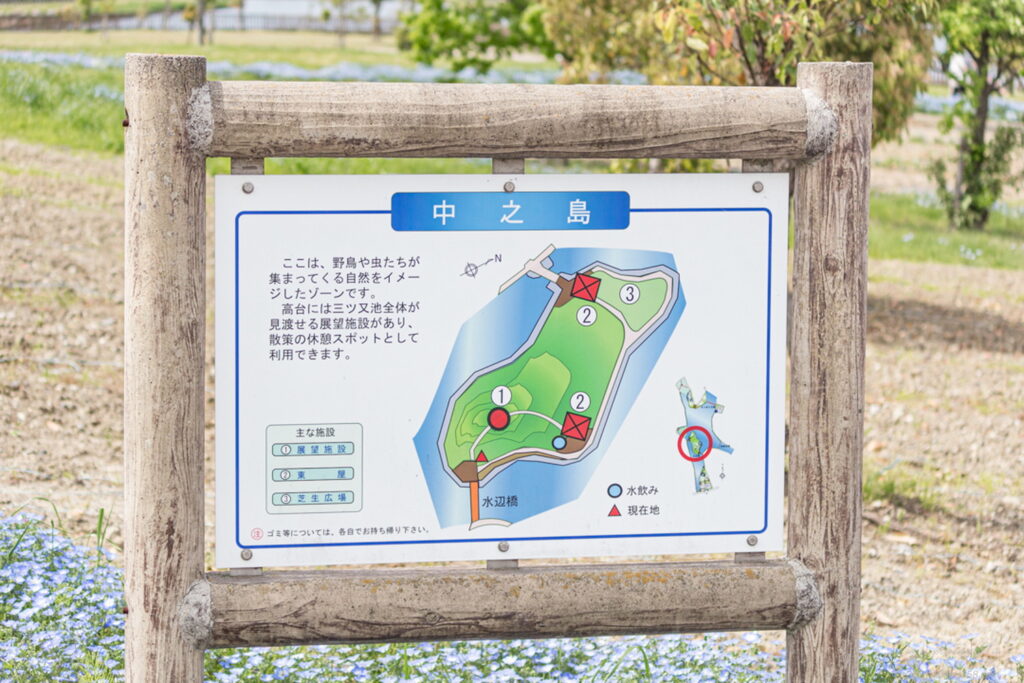 愛知県弥富市の三又池公園にある芝桜やネモフィラが撮影できる中之島の地図